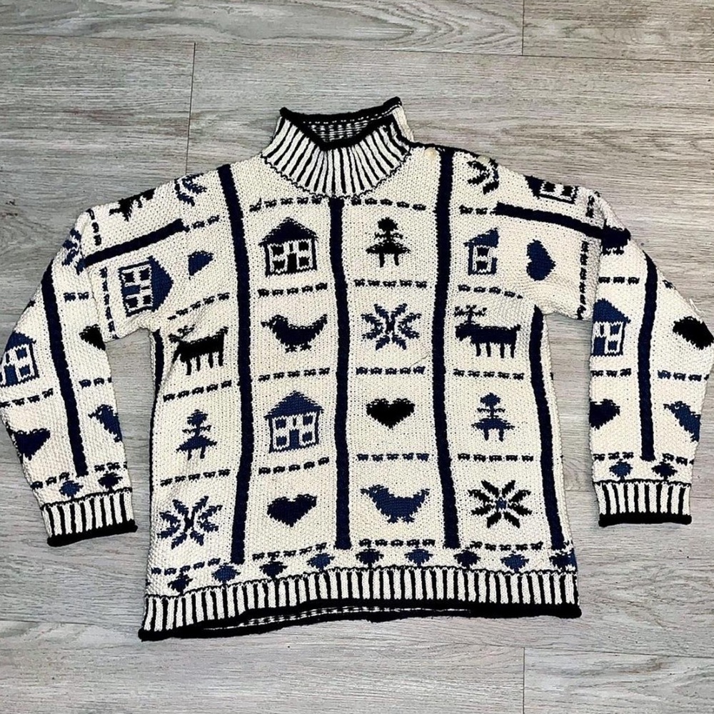 Vintage Jones New York Cream and navy blue hand knit cotton sweater Size Small